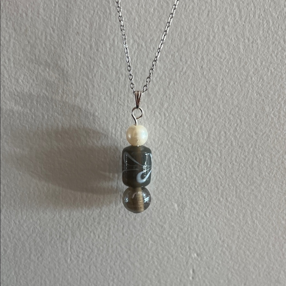 Artisan Silver Necklace with Pearl and Gray Beads